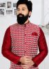 Red Men Kurta Pajama With Embroidered Nehru Jacket