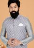 Grey Men Embroidered Kurta Pajama With Nehru Jacket