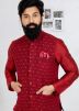 Red Embroidered Kurta Pajama With Nehru Jacket