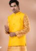 Yellow Printed Kurta Pajama With Nehru Jacket