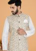 White Kurta Pajama With Printed Nehru Jacket