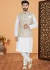 White Kurta Pajama With Printed Nehru Jacket