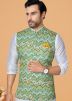 Off White Kurta Pajama With Printed Nehru Jacket