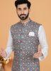 White Kurta Pajama With Printed Nehru Jacket