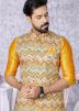 Yellow Kurta Pajama With Printed Nehru Jacket