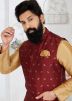 Brown Kurta Pajama With Maroon Woven Nehru Jacket