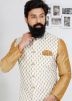 Brown Kurta Pajama With White Printed Nehru Jacket
