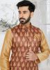 Men Brown Kurta Pajama With Printed Nehru Jacket