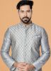Grey Kurta Pajama With Printed Nehru Jacket