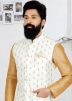 Brown Kurta Pajama With White Printed Nehru Jacket