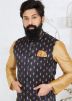 Brown Kurta Churidar With Printed Nehru Jacket