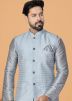 Grey Kurta Pajama Set With Woven Nehru Jacket