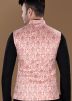 Peach Printed Brocade Nehru Jacket