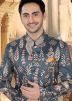 Readymade Grey Embroidered Silk Sherwani Set