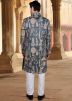Readymade Grey Embroidered Silk Sherwani Set