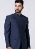 Navy Blue Plain Bandhgala Jodhpuri Suit In Terry Rayon