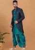 Teal Blue Woven Dhoti Style Indo Western Sherwani