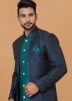 Teal Blue Woven Dhoti Style Indo Western Sherwani