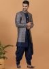 Blue Woven Jacket Style Indo Western Sherwani Set