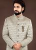 Grey Woven Men Sherwani Set In Brocade