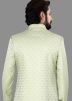 Pista Green Woven Asymmetric Indo Western Sherwani
