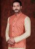 Cream Readymade Kurta Pajama With Nehru Jacket