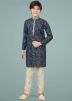 Blue Floral Print Readymade Kids Kurta Pajama
