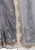 Grey Heavy Border Embroidered Net Saree With Blouse