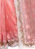 Peach Heavy Border Embroidered Net Saree With Blouse