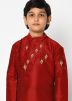 Maroon Kids Readymade Dhoti Kurta In Dupion Silk