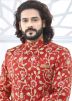 Red Art Silk Readymade Groom Sherwani