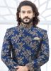 Readymade Blue Art Silk Jacquard Woven Sherwani