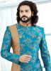 Sky Blue Art Silk Jacquard Assymmetric Sherwani
