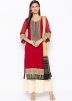 Red Embroidered Straight Cut Readymade Palazzo Suit
