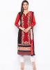 Red Black Embroidered Readymade Pant Salwar Suit