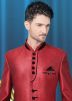 Linen Indo Western Red Sherwani With Dhoti