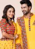 Yellow Mirror Work Couple Wear Set In Rayon