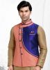 Peach and Blue Asymmetric Readymade Nehru Jacket