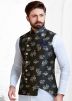 Black Asymmetric Jacquard Readymade Nehru Jacket