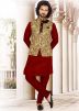Beige and Maroon Art Silk Jacquard Nehru Jacket