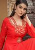 Readymade Red Embroidered Cotton Gown
