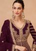 Wine Embroidered Slitted Kurti Style Lehenga In Chiffon