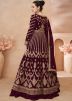 Wine Embroidered Slitted Kurti Style Lehenga In Chiffon