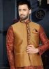 Readymade Red Art Silk Kurta Set With Nehru Jacket