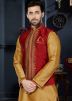 Readymade Golden Art Silk Kurta Set With Nehru Jacket