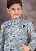 Grey Readymade Kids Asymmetric Sherwani In Jacquard