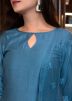 Blue Readymade Suit With Embroidered Net Dupatta