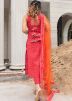 Red Readymade Pant Suit In Block Print