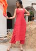 Red Readymade Pant Suit In Block Print