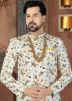 Off White Floral Print Asymmetric Sherwani Dhoti Set